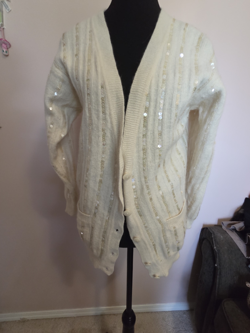 Work in Progress Sequin Striped Cardigan in Cream Large Like New
